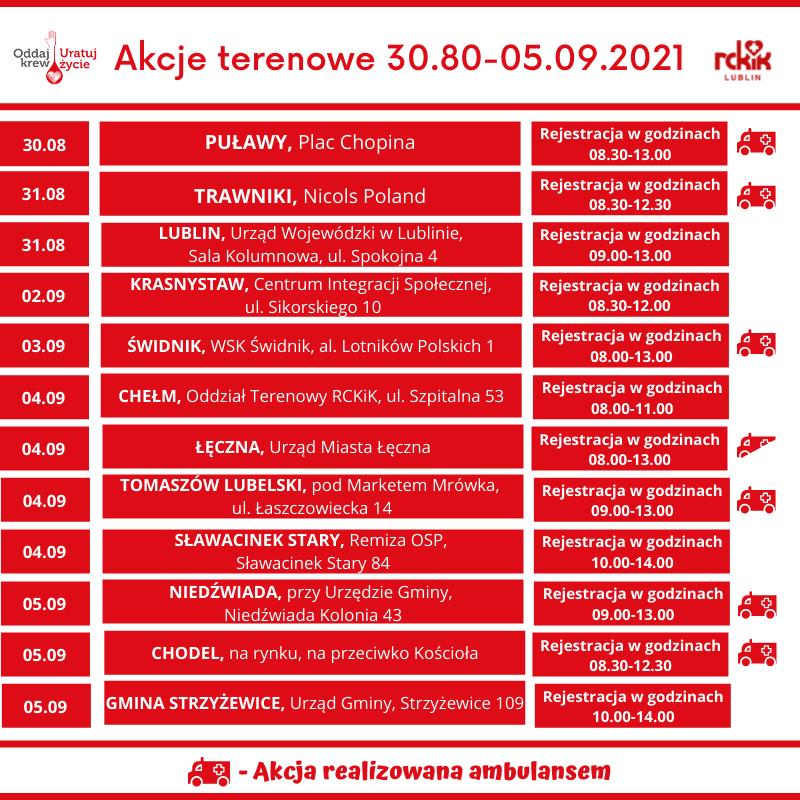 Akcje terenowego poboru krwi od RCKiK w Lublinie 30.08-05.09